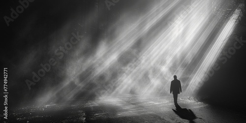 In the eerie foggy darkness, a solitary man stands alone, embodying solitude and mystery