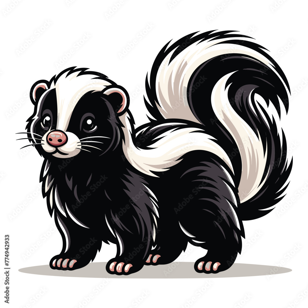 Obraz premium Skunk full body vector illustration, fauna animal concept, wild mammal skunk with a large fluffy tail and black white stripe along the body. Design template isolated on white background
