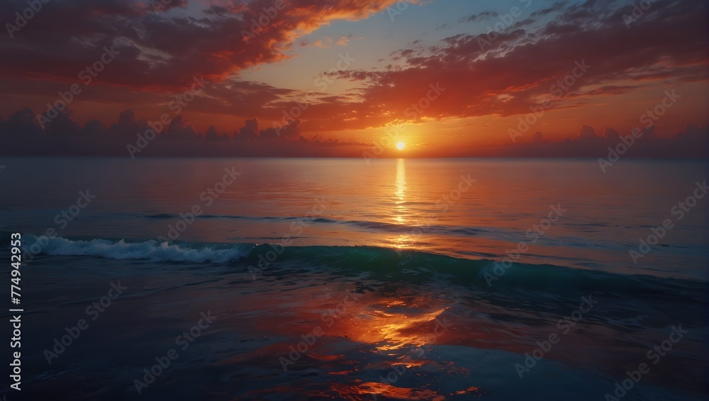 A vivid sunset blending into a serene ocean horizon, using a palette of fiery reds, cool blues, and gentle purples Generative AI