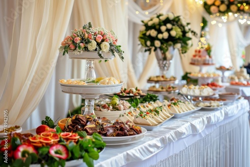 Catering wedding buffet with various dishes and decorations for special events - Celebration concept