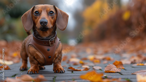 Brown dachshund dog with collar sitting on a path with autumn leaves. © amixstudio