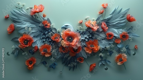 A digital artwork featuring a collage of poppies, the symbolic flower of Memorial Day, arranged in the shape of an American eagle. © Claudine