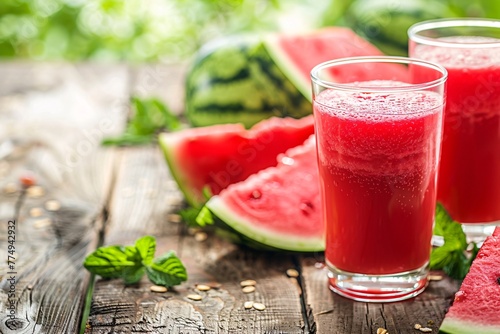 a glass of watermelon juice next to a watermelon slice