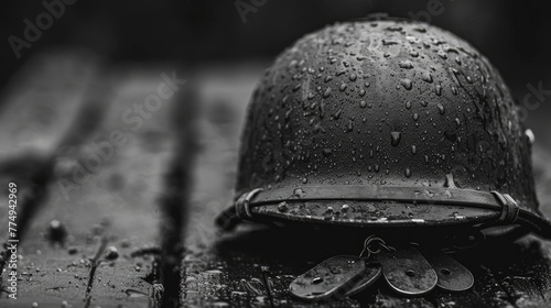 A black and white photograph of a worn-out military helmet and dog tags resting on a weathered wooden table. photo