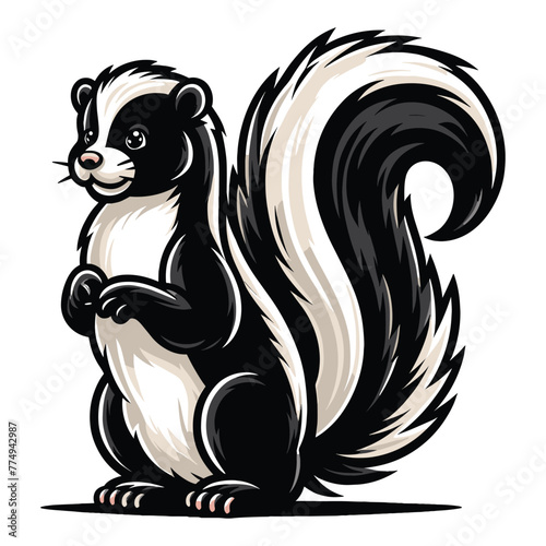 Wallpaper Mural Skunk full body vector illustration, fauna animal concept, wild mammal skunk with a large fluffy tail and black white stripe along the body. Design template isolated on white background Torontodigital.ca