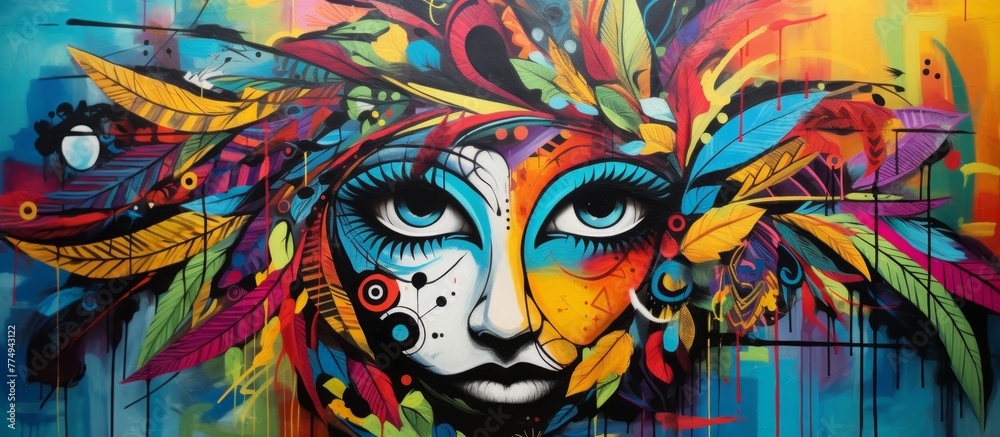 An elegant painting of a woman with colorful and lively feathers beautifully decorating her head An elegant painting of a woman with colorful and lively feathers beautifully decorating her head