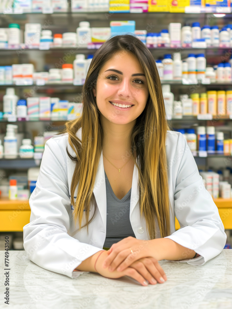 Portrait of a smiling female pharmacist in a white coat behind the counter of a pharmacy - pharmacist and medicines concept