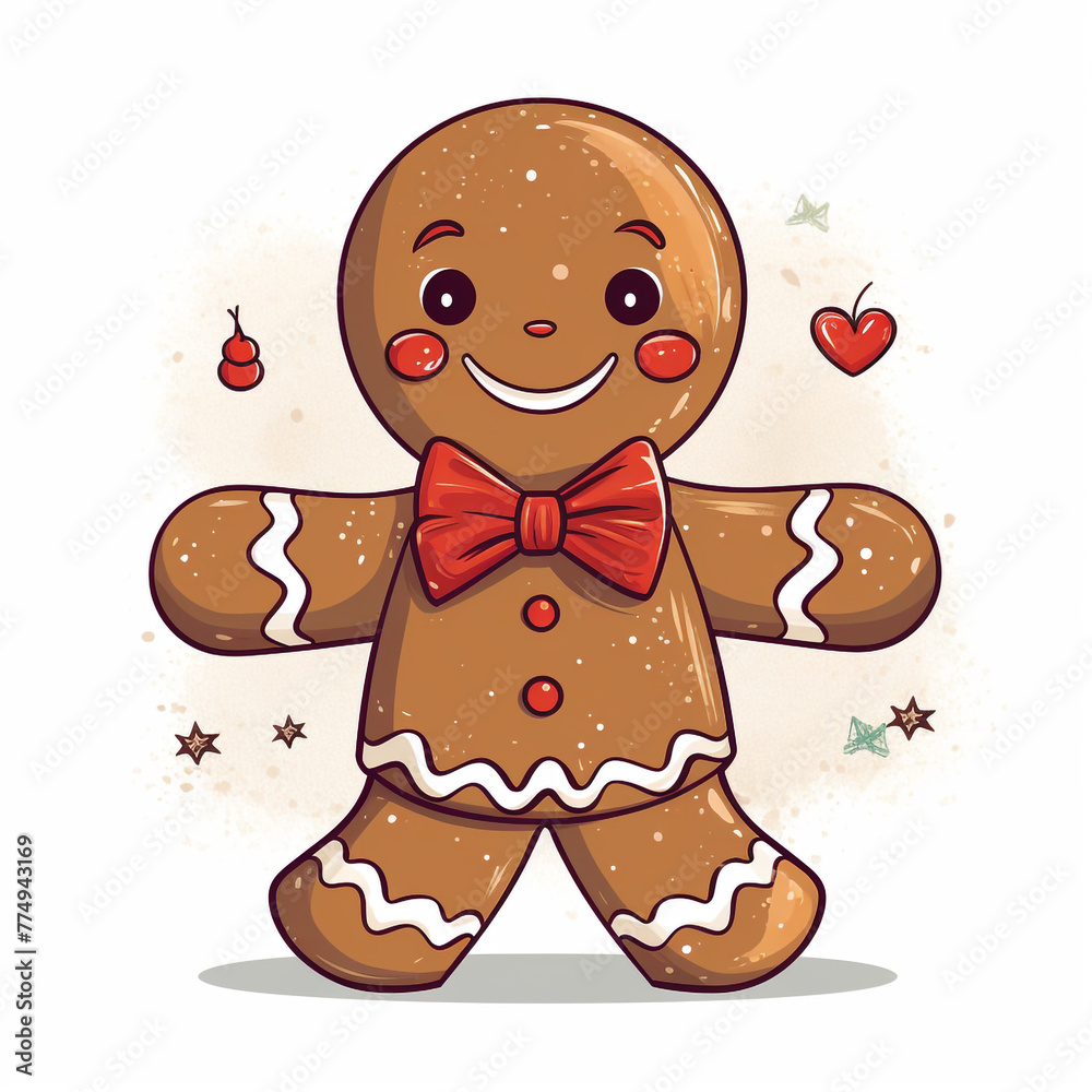 Obraz premium cartoon Christmas drawn gingerbread man many details light background сreated with Generative Ai