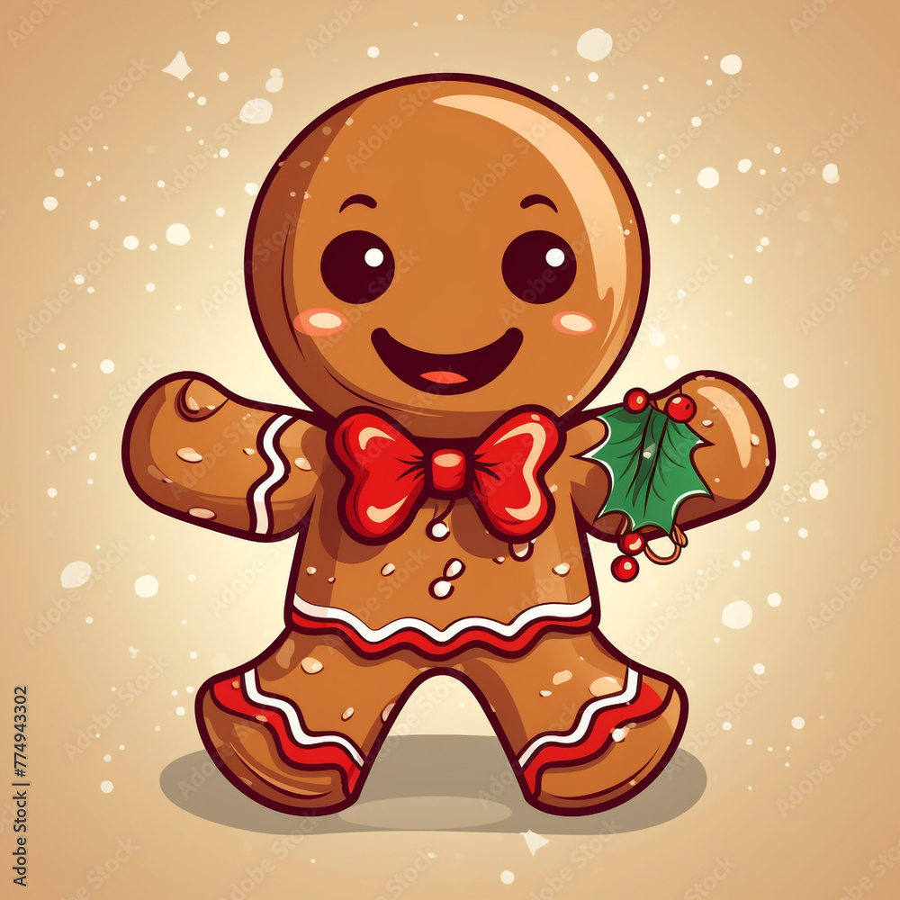 Obraz premium cartoon Christmas drawn gingerbread man many details light background сreated with Generative Ai