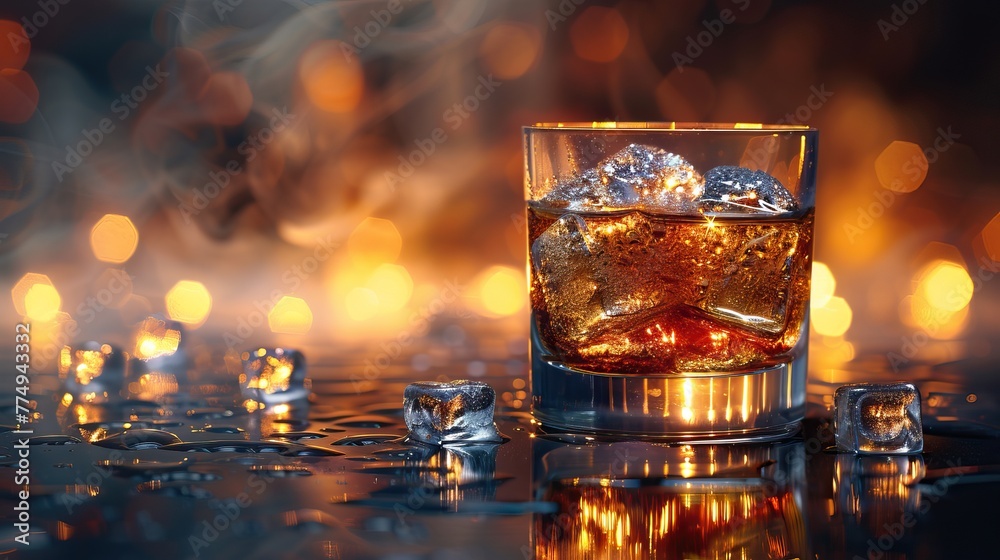 Whiskey with ice in crystal glass against warm bokeh lights background. Luxury and celebration concept for design, wallpaper Whiskey with ice in crystal glass against warm bokeh lights background. Luxury and celebration concept for design, wallpaper