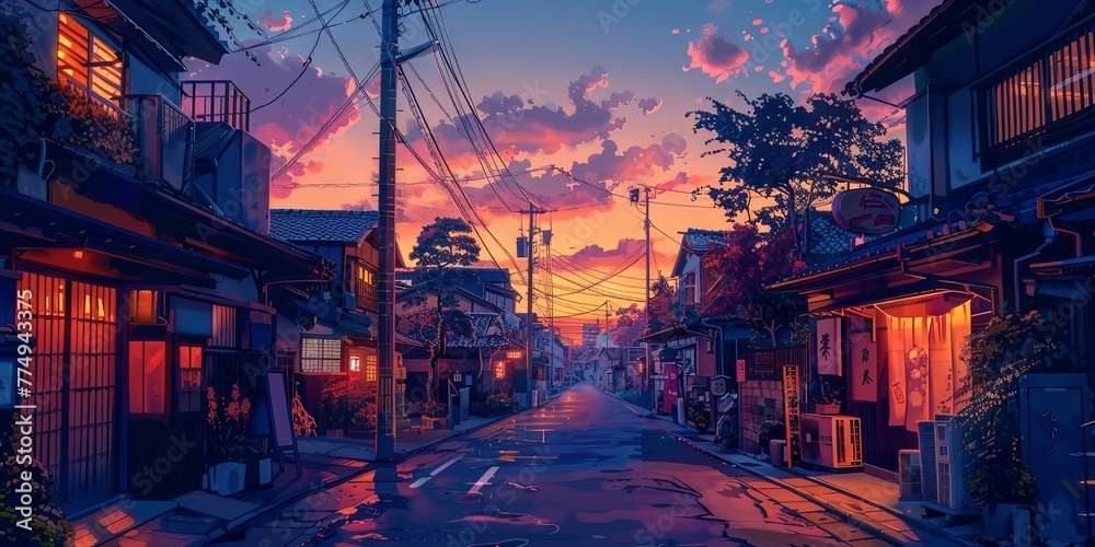 Fototapeta premium Beautiful empty, Japanese, Tokyo city town in evening at sunset. houses at street. anime comics artstyle. Cozy lofi asian architecture. Concept of tourism, urban lifestyle. Neon light.