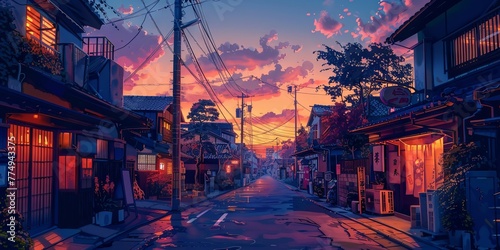 Beautiful empty, Japanese, Tokyo city town in evening at sunset. houses at street. anime comics artstyle. Cozy lofi asian architecture. Concept of tourism, urban lifestyle. Neon light. photo