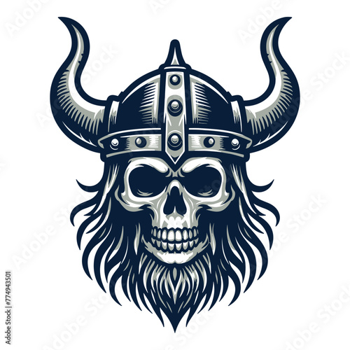 Viking head skull with horned helmet vector illustration, Nordic Scandinavian warrior, suitable for t-shirt, tattoo, logo design. Design template isolated on white background © lartestudio