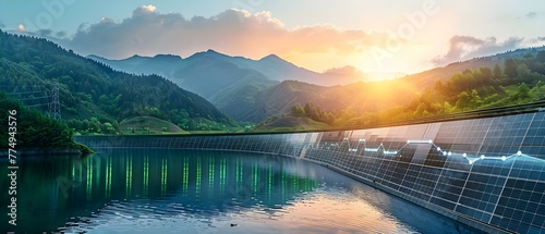 Promoting Renewable Energy and Green Technology through Scenic Landscape with Hydroelectric Solar Power Generation. Concept Renewable Energy, Green Technology, Scenic Landscape, Hydroelectric Power © Ян Заболотний