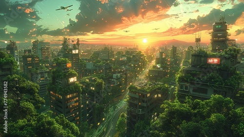Futuristic anime landscape with flying cars  high-tech billboards and green roofs against evening sky in golden sunset. Concept of tourism  technology progress  urban lifestyle. Neon light.