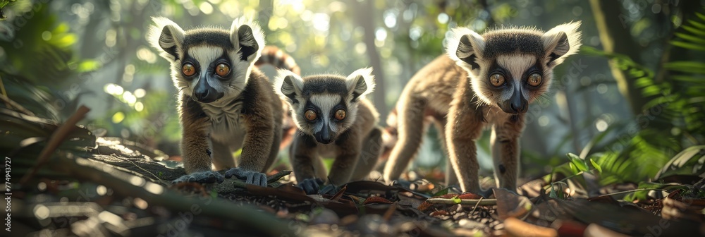 Curious lemurs in madagascar rainforest, detailed portrait with expressive faces and striped tails - obrazy, fototapety, plakaty 