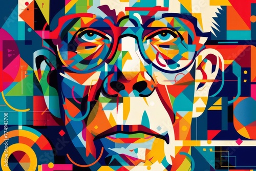 Abstract colorful portrait of man with glasses on geometric background.