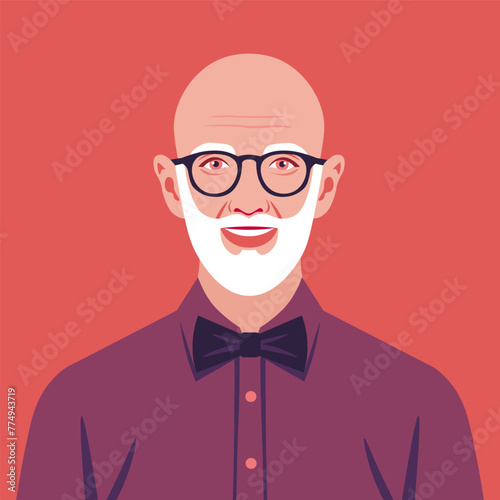 Portrait of an elderly man with bow tie. Face of happy grandfather. Vector flat illustration