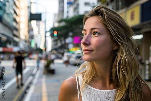 Portrait of beautiful blonde woman in the streets of Hong Kong.