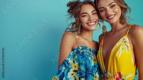 two stylish smiling attractive women friends posing on teal background in stylish colorful dresses of blue and yellow color, spring fashion trend professional photography