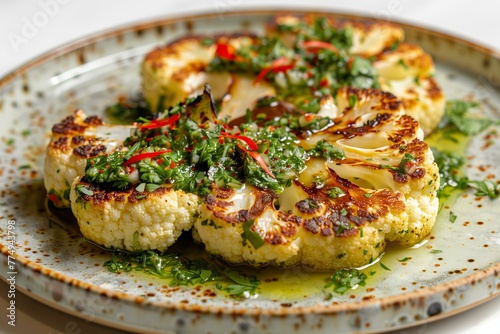 Cauliflower steaks served on a modern, minimalist plate, drizzled with a vibrant chimichurri sauce, highlighting the fusion of health and gourmet cuisine