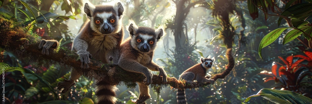 Fototapeta premium Curious lemur family in madagascar rainforest detailed photorealistic masterpiece