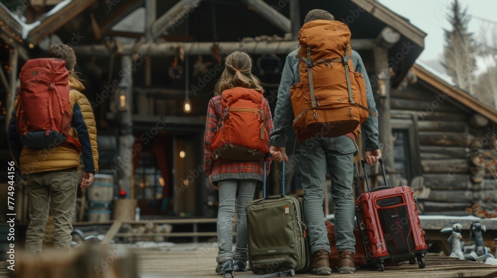 A family of parents and children arriving at a wooden house in the snow in winter with backpacks and suitcases. A family of parents and children arriving at a wooden house in the snow in winter with backpacks and suitcases.