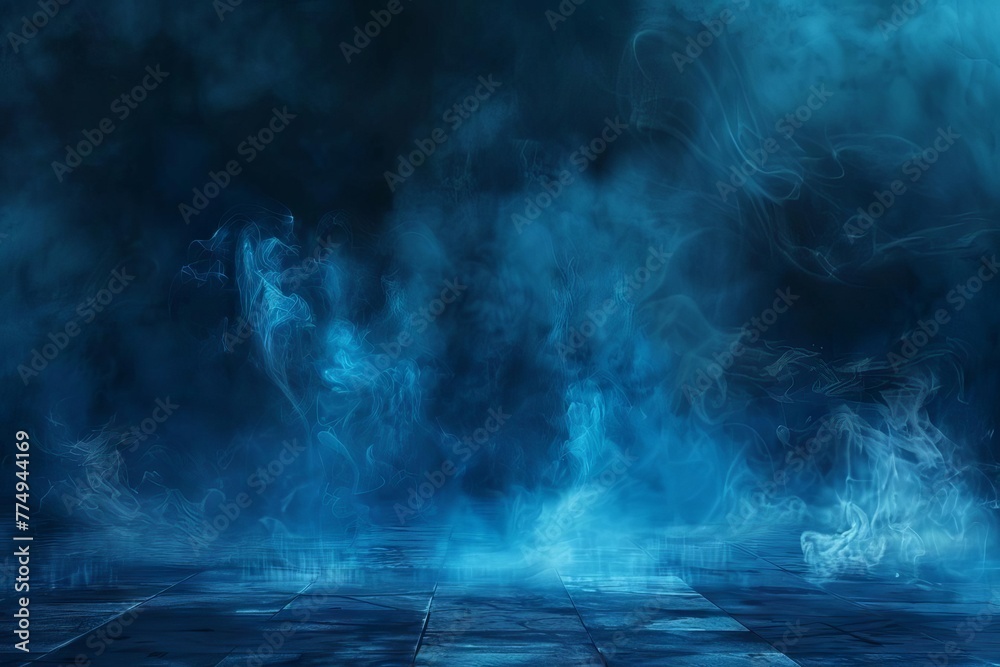 Dark abstract blue smoke background, empty night street scene with burning flame, interior product display texture, digital painting