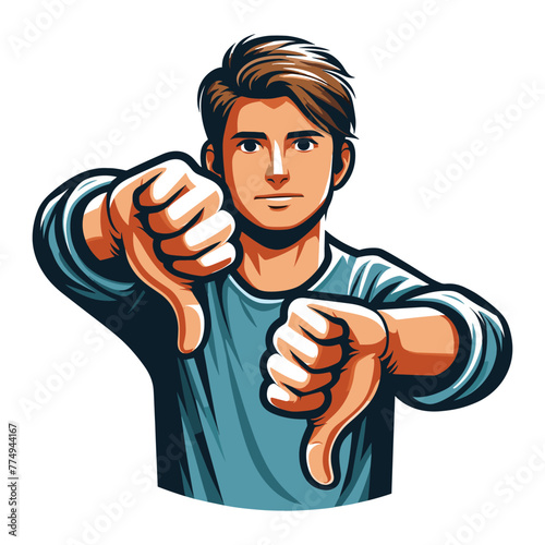 Man showing thumbs down design illustration, unhappy male gesturing dislike, disapproval sign, negative expression, disagreement. vector template isolated on white background