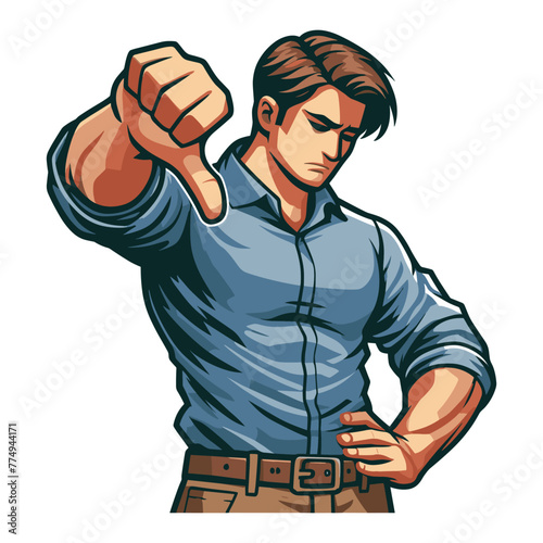 Man showing thumbs down design illustration, unhappy male gesturing dislike, disapproval sign, negative expression, disagreement. vector template isolated on white background