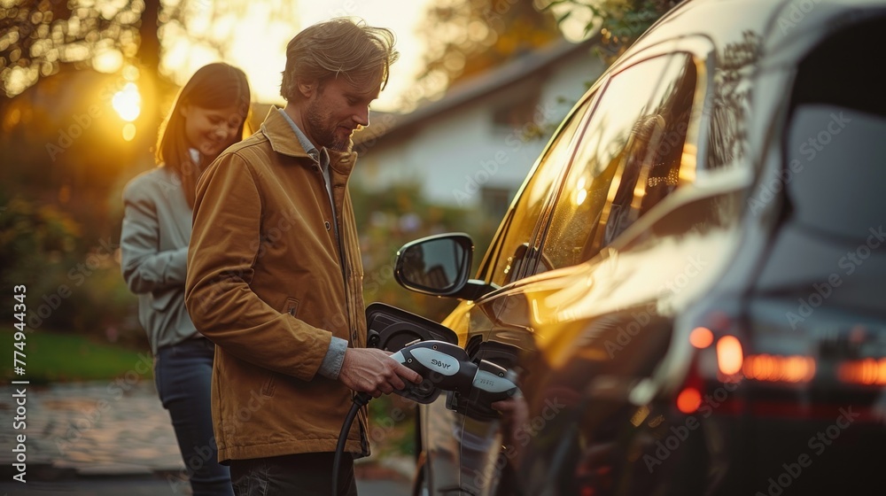 Foto de People using EV electric cars Electric vehicle charging and ...