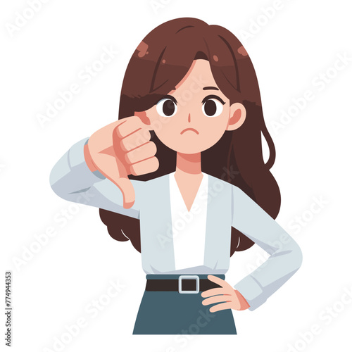 Woman showing thumbs down design illustration, unhappy girl gesturing dislike, disapproval sign, negative expression, disagreement. vector template isolated on white background
