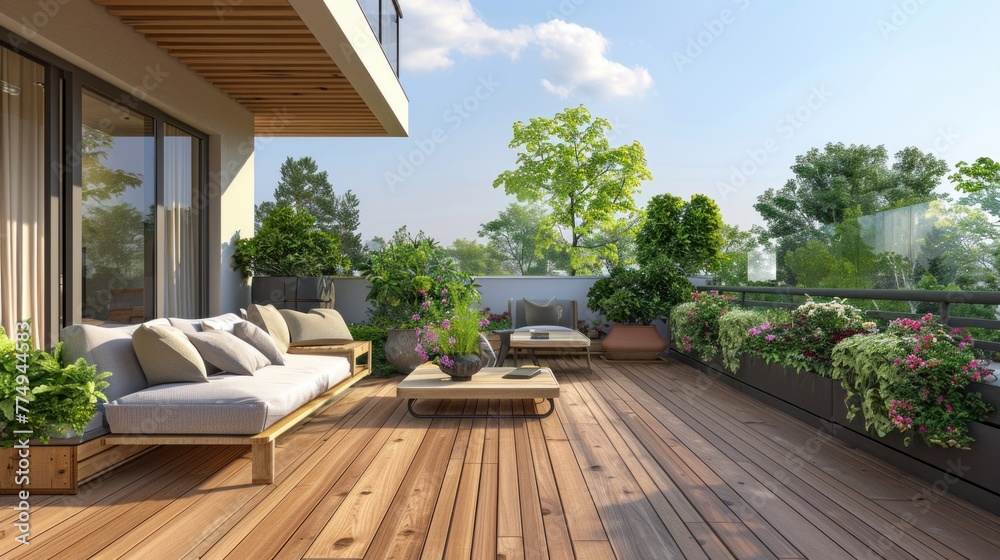 Beautiful Modern Terrace with Wood Deck and Outdoor Furniture