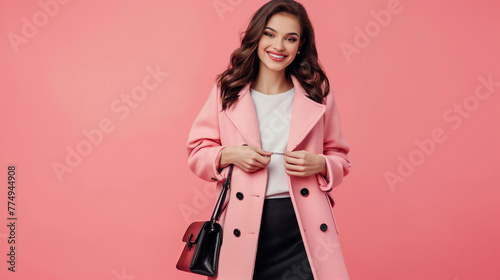 young beautiful stylish woman walking in pink coat, holding purse in hands, smiling, happy, spring summer trend, black skirt, white shirt, flirty on Apricot color background professional photography