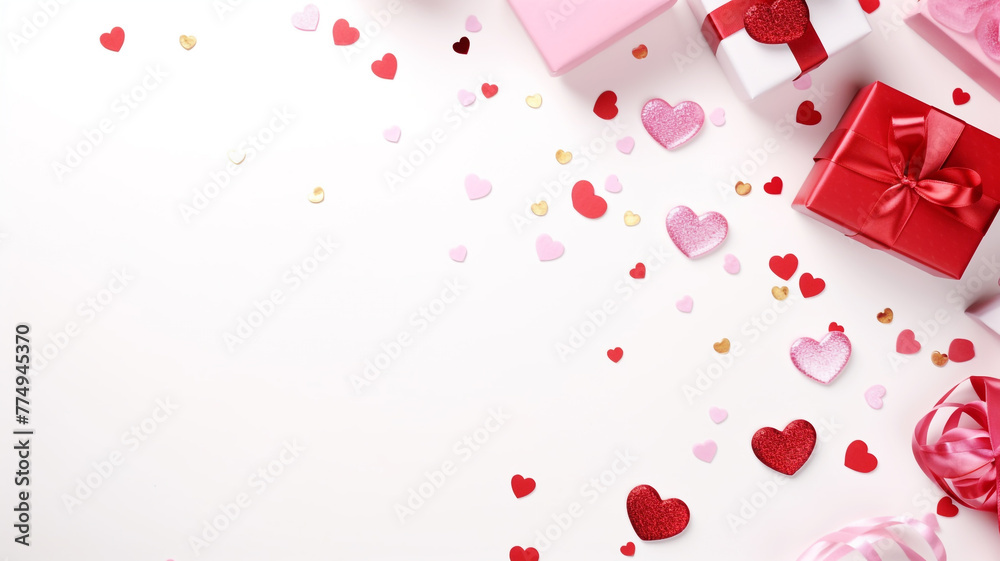 Valentine's day flat lay theme with gift boxes and hearts Valentine's day flat lay theme with gift boxes and hearts
