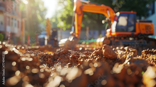 An excavator is moving soil at a construction site.