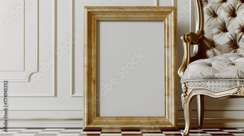 A picture of a chair and mirror sitting next to each other, AI