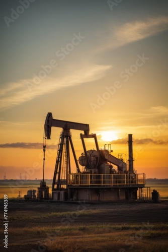 A large oil rig is sitting in a field at sunset