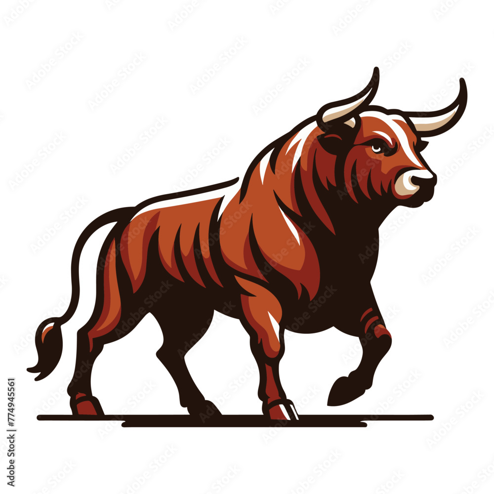 Obraz premium Strong bull full body design mascot illustration, farm animal or butcher shop graphic template, angry horned bull concept, vector isolated on white background