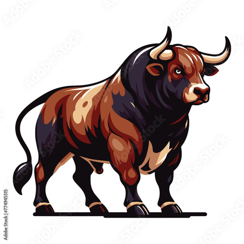 Strong bull full body design mascot illustration  farm animal or butcher shop graphic template  angry horned bull concept  vector isolated on white background