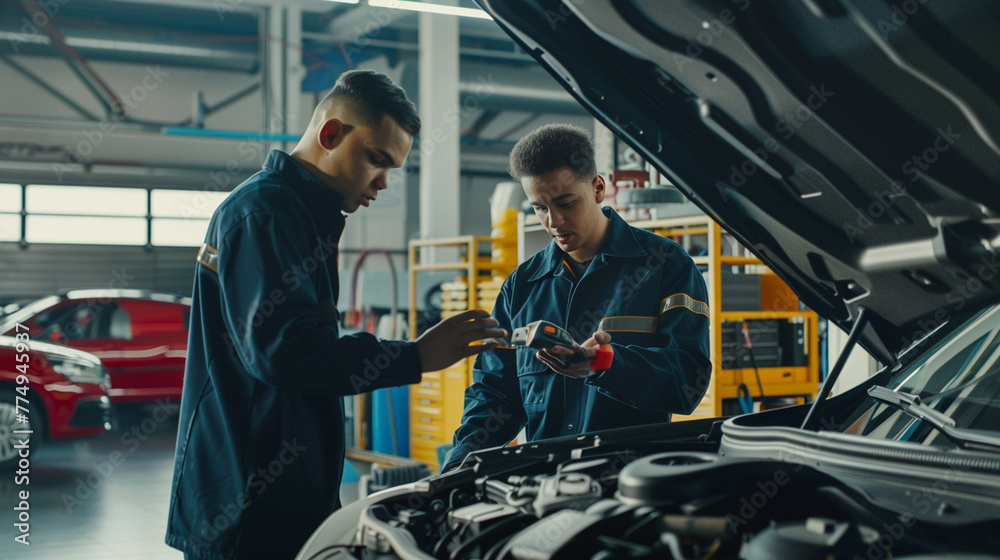 In the bright workshop of a car service centre, an auto mechanic with a diagnostic device in hand, consults with a colleague over the open bonnet of a car. Blur effect in the background In the bright workshop of a car service centre, an auto mechanic with a diagnostic device in hand, consults with a colleague over the open bonnet of a car. Blur effect in the background