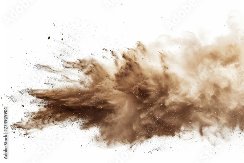 Dry soil explosion isolated on white background, abstract dust cloud