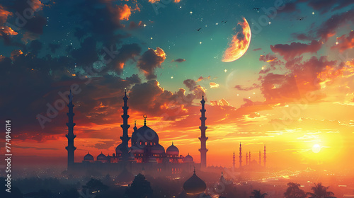 Illustration of the silhouette of a mosque in the afternoon 01 AI generative