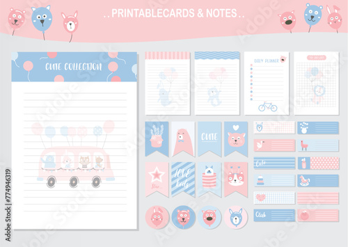 Set of animals and cute vector cards,unicorns,baby shower,printable,  tags,cards,templates,Notes, Stickers, Labels,Scrap booking, Congratulations, Invitations,Vector illustrations.