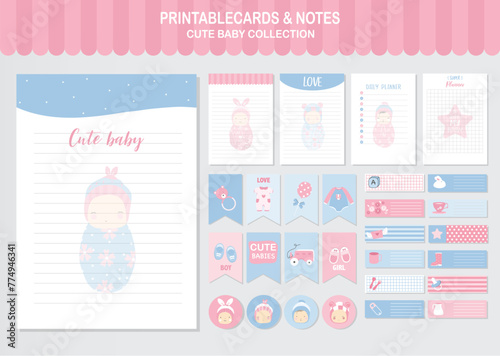 Set of baby cute vector cards,unicorns,baby shower,printable,  tags,cards,templates,Notes, Stickers, Labels,Scrap booking, Congratulations, Invitations,Vector illustrations