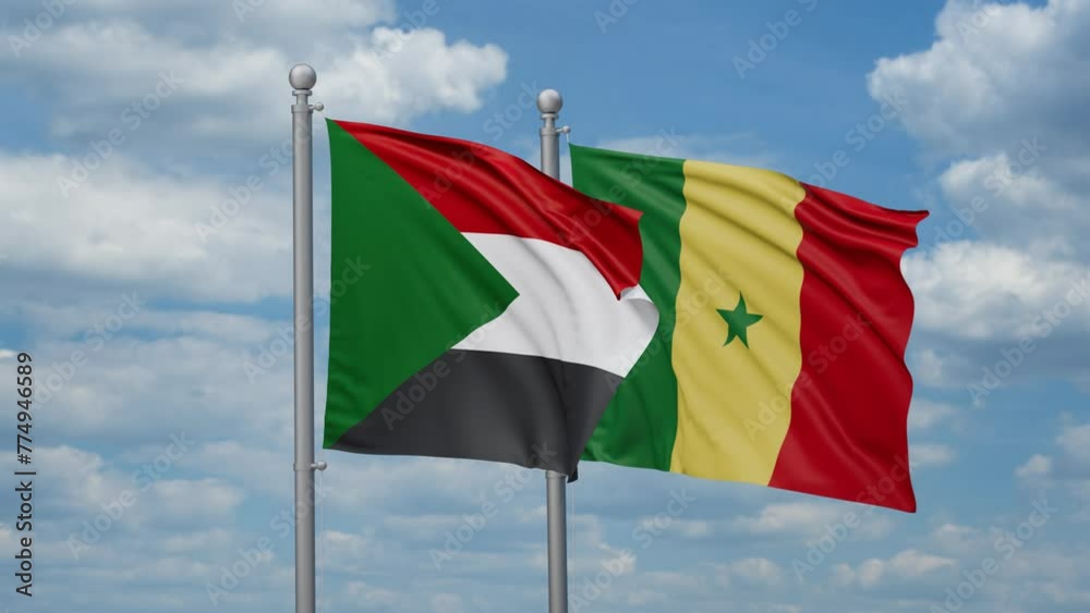 Republic of Senegal and Sudan two flags waving together, looped video, two country cooperation concept Republic of Senegal and Sudan two flags waving together, looped video, two country cooperation concept
