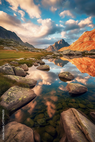 A serene landscape with mountains, a reflective pond, scattered rocks, and a vibrant sky at sunset
