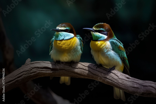 Two vibrant birds with colorful feathers perch closely on a branch, showcasing nature's beauty and diversity