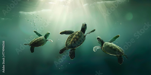 Grupo animado de tartarugas marinhas nadando submersas photo