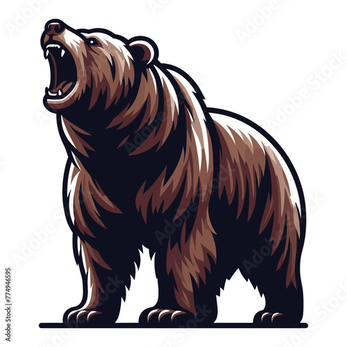 Roaring grizzly bear full body design illustration, animal predator zoology element illustration, wild beast brown bear, vector template isolated on white background